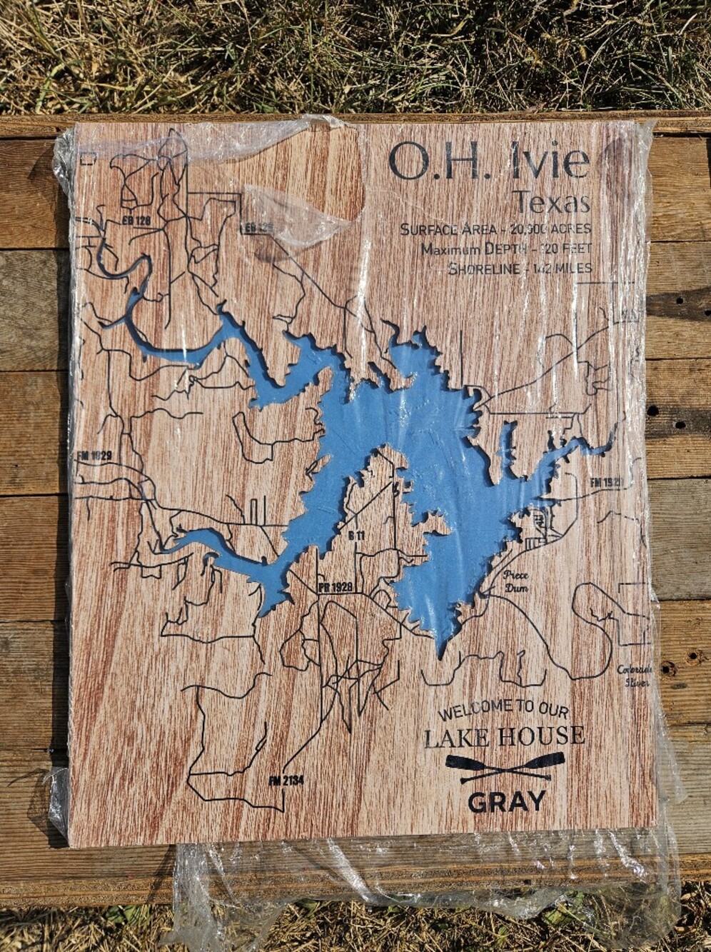 OH Ivie Lake Texas Wood Map Sign 3D Laser Cut Wall Art Rustic Cabin Decor Gift